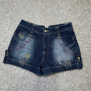 Y2k Vtg  Junior Denim Shorts Fleur de Lis Embroidery Embellished Blue Size 10